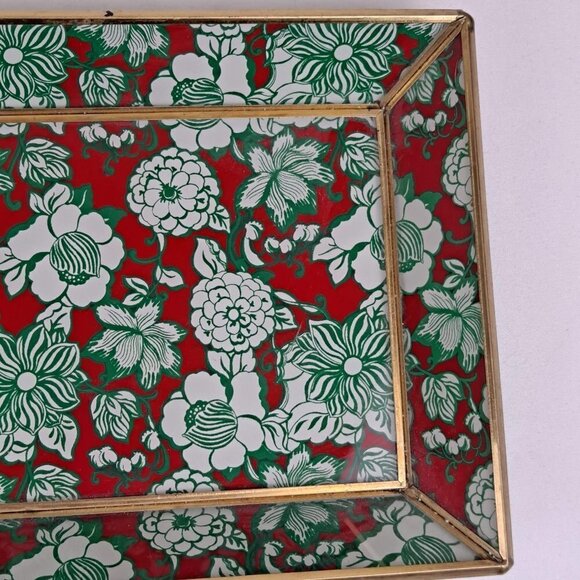 Rectangular Glass Vanity Tray Red Green White Floral Pattern & Gold Metal Trim - Picture 5 of 9